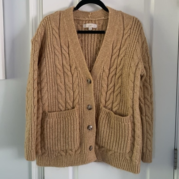 LOFT Cable Knit Boyfriend Relaxed Fit Cardigan Sweater in Camel Heather size XS - Picture 2 of 11